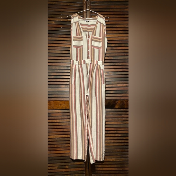 Dear John Pants - Dear John Cream and Brown Striped Jumpsuit with Wide-Leg Design